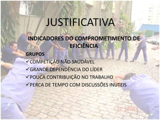 JUSTIFICATIVA
INDICADORES DO COMPROMETIMENTO DE
EFICIÊNCIA
GRUPOS
COMPETIÇÃO NÃO SAUDÁVEL
GRANDE DEPENDÊNCIA DO LÍDER
POUCA CONTRIBUIÇÃO NO TRABALHO
PERCA DE TEMPO COM DISCUSSÕES INUTEIS
 