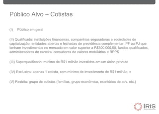 Público Alvo – Cotistas
(I) Público em geral
(II) Qualificado: instituições financeiras, companhias seguradoras e sociedades de
capitalização, entidades abertas e fechadas de previdência complementar, PF ou PJ que
tenham investimentos no mercado em valor superior a R$300.000,00, fundos qualificados,
administradores de carteira, consultores de valores mobiliários e RPPS
(III) Superqualificado: mínimo de R$1 milhão investidos em um único produto
(IV) Exclusivo: apenas 1 cotista, com mínimo de investimento de R$1 milhão; e
(V) Restrito: grupo de cotistas (famílias, grupo econômico, escritórios de adv. etc.)
 