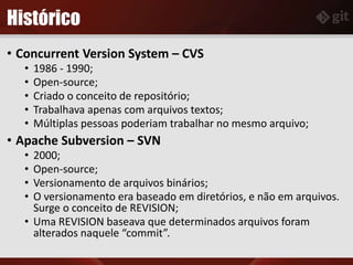 Histórico
• Concurrent Version System – CVS
• 1986 - 1990;
• Open-source;
• Criado o conceito de repositório;
• Trabalhava apenas com arquivos textos;
• Múltiplas pessoas poderiam trabalhar no mesmo arquivo;
• Apache Subversion – SVN
• 2000;
• Open-source;
• Versionamento de arquivos binários;
• O versionamento era baseado em diretórios, e não em arquivos.
Surge o conceito de REVISION;
• Uma REVISION baseava que determinados arquivos foram
alterados naquele “commit”.
 