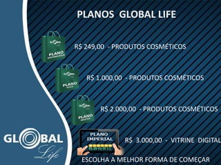 PLANOS GLOBAL LIFE
R$ 249,00 - PRODUTOS COSMÉTICOS
R$ 1.000,00 - PRODUTOS COSMÉTICOS
R$ 2.000,00 - PRODUTOS COSMÉTICOS
R$ 3.000,00 - VITRINE DIGITAL
ESCOLHA A MELHOR FORMA DE COMEÇAR
 