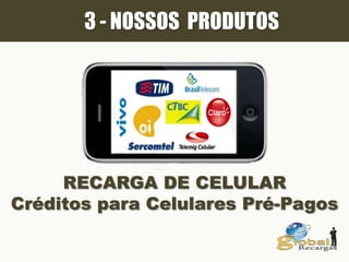 3 - NOSSOS PRODUTOS
RECARGA DE CELULAR
Créditos para Celulares Pré-Pagos
 