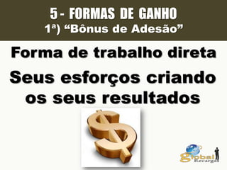 5 - FORMAS DE GANHO
1ª) “Bônus de Adesão”
Forma de trabalho direta
Seus esforços criando
os seus resultados
 