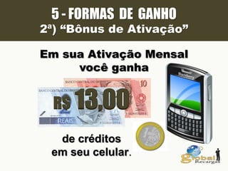 5 - FORMAS DE GANHO
2ª) “Bônus de Ativação”
Em sua Ativação Mensal
você ganha
R$ 13,00
de créditos
em seu celular.
 