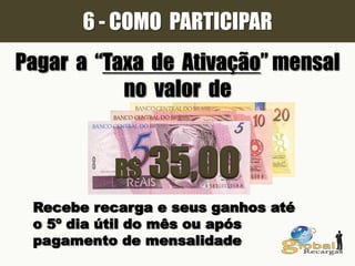 6 - COMO PARTICIPAR
Pagar a “Taxa de Ativação” mensal
no valor de
Recebe recarga e seus ganhos até
o 5º dia útil do mês ou após
pagamento de mensalidade
R$ 35,00
 