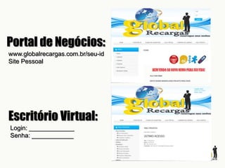 Portal de Negócios:
www.globalrecargas.com.br/seu-id
Site Pessoal
Escritório Virtual:
Login: _____________
Senha: ____________
 