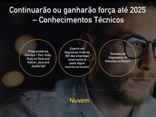 Programadores
(DevOps - Perl, Ruby,
Ruby on Rails and
Python, Java and
JavaScript)
Experts em
Segurança (mais de
90% das empresas
americanas já
usam algum
recurso na nuvem)
Gerentes de
Capacidade de
Soluções na Nuvem
Continuarão ou ganharão força até 2025
– Conhecimentos Técnicos
Nuvem
 