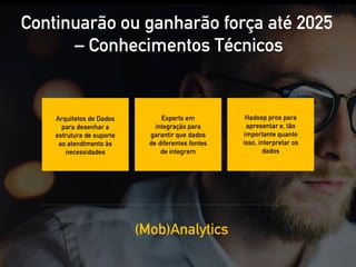 Arquitetos de Dados
para desenhar a
estrutura de suporte
ao atendimento às
necessidades
Experts em
integração para
garantir que dados
de diferentes fontes
de integrem
Hadoop pros para
apresentar e, tão
importante quanto
isso, interpretar os
dados
Continuarão ou ganharão força até 2025
– Conhecimentos Técnicos
(Mob)Analytics
 