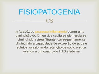 FISIOPATOGENIA 
 
 Atravéz do processo inflamatório ocorre uma 
diminuição do lúmen dos capilares glomerulares, 
diminuindo a área filtrante, consequentemente 
diminuindo a capacidade de excreção de água e 
solutos, ocasionando retenção de sódio e água 
levando a um quadro de HAS e edema. 
 