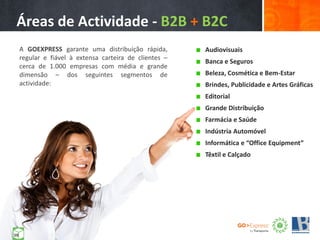 Áreas de Actividade - B2B + B2C
A GOEXPRESS garante uma distribuição rápida,
regular e fiável à extensa carteira de clientes –
cerca de 1.000 empresas com média e grande
dimensão – dos seguintes segmentos de
actividade:
Audiovisuais
Banca e Seguros
Beleza, Cosmética e Bem-Estar
Brindes, Publicidade e Artes Gráficas
Editorial
Grande Distribuição
Farmácia e Saúde
Indústria Automóvel
Informática e “Office Equipment”
Têxtil e Calçado
10
 