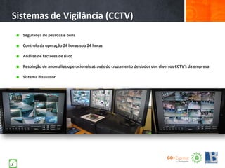 Segurança de pessoas e bens
Controlo da operação 24 horas sob 24 horas
Análise de factores de risco
Resolução de anomalias operacionais através do cruzamento de dados dos diversos CCTV’s da empresa
Sistema dissuasor
Sistemas de Vigilância (CCTV)
12
 