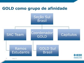 GOLD como grupo de afinidade

                    Seção Sul
                      Brasil


                   Coordenador
  SAC Team                        Capítulos
                      GOLD


        Ramos          GOLD Sul
      Estudantis        Brasil
 10   2-Apr-12
 