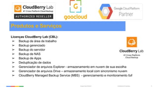 Confidential & ProprietaryGoogle Cloud Platform 6
Produtos e Serviços
Licenças CloudBerry Lab (CBL):
➢ Backup de área de trabalho
➢ Backup gerenciado
➢ Backup do servidor
➢ Backup de NAS
➢ Backup de Apps
➢ Deduplicação de dados
➢ Gerenciador de arquivos Explorer - armazenamento em nuvem de sua escolha
➢ Gerenciador de arquivos Drive – armazenamento local com sincronismo nuvem
➢ CloudBerry Managed Backup Service (MBS) - gerenciamento e monitoramento full
 