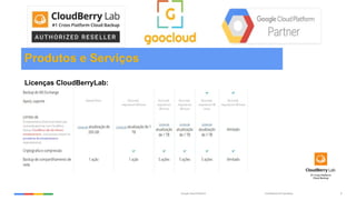 Confidential & ProprietaryGoogle Cloud Platform 8
Produtos e Serviços
Licenças CloudBerryLab:
 
