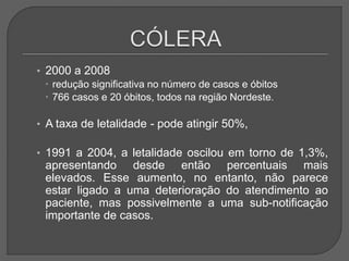 • 2000 a 2008
 redução significativa no número de casos e óbitos
 766 casos e 20 óbitos, todos na região Nordeste.
• A taxa de letalidade - pode atingir 50%,
• 1991 a 2004, a letalidade oscilou em torno de 1,3%,
apresentando desde então percentuais mais
elevados. Esse aumento, no entanto, não parece
estar ligado a uma deterioração do atendimento ao
paciente, mas possivelmente a uma sub-notificação
importante de casos.
 