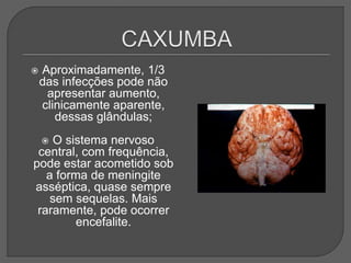  Aproximadamente, 1/3
das infecções pode não
apresentar aumento,
clinicamente aparente,
dessas glândulas;
 O sistema nervoso
central, com frequência,
pode estar acometido sob
a forma de meningite
asséptica, quase sempre
sem sequelas. Mais
raramente, pode ocorrer
encefalite.
 