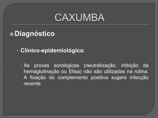 Diagnóstico
• Clínico-epidemiológico:
 As provas sorológicas (neutralização, inibição da
hemaglutinação ou Elisa) não são utilizadas na rotina.
A fixação do complemento positiva sugere infecção
recente.
 