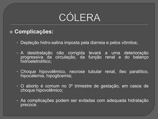  Complicações:
• Depleção hidro-salina imposta pela diarreia e pelos vômitos;
• A desidratação não corrigida levará a uma deterioração
progressiva da circulação, da função renal e do balanço
hidroeletrolítico;
• Choque hipovolêmico, necrose tubular renal, íleo paralítico,
hipocalemia, hipoglicemia;
• O aborto é comum no 3º trimestre de gestação, em casos de
choque hipovolêmico;
• As complicações podem ser evitadas com adequada hidratação
precoce.
 