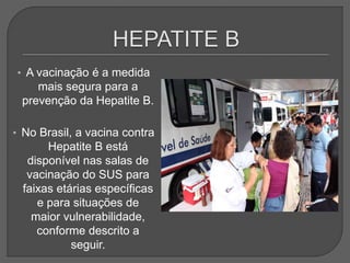 • A vacinação é a medida
mais segura para a
prevenção da Hepatite B.
• No Brasil, a vacina contra
Hepatite B está
disponível nas salas de
vacinação do SUS para
faixas etárias específicas
e para situações de
maior vulnerabilidade,
conforme descrito a
seguir.
 