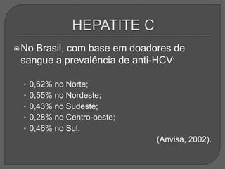 No Brasil, com base em doadores de
sangue a prevalência de anti-HCV:
• 0,62% no Norte;
• 0,55% no Nordeste;
• 0,43% no Sudeste;
• 0,28% no Centro-oeste;
• 0,46% no Sul.
(Anvisa, 2002).
 
