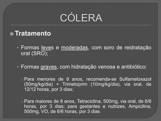  Tratamento
• Formas leves e moderadas, com soro de reidratação
oral (SRO);
• Formas graves, com hidratação venosa e antibiótico:
oPara menores de 8 anos, recomenda-se Sulfametoxazol
(50mg/kg/dia) + Trimetoprim (10mg/kg/dia), via oral, de
12/12 horas, por 3 dias;
oPara maiores de 8 anos, Tetraciclina, 500mg, via oral, de 6/6
horas, por 3 dias; para gestantes e nutrizes, Ampicilina,
500mg, VO, de 6/6 horas, por 3 dias.
 
