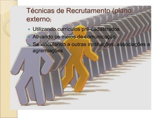 Técnicas de Recrutamento (plano
externo)
   Utilizando currículos pré-cadastrados
   Ativando os meios de comunicação
   Se vinculando a outras instituições, associações e
    agremiações
 