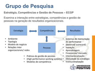 Grupo de Pesquisa
Estratégia, Competências e Gestão de Pessoas – ECGP
Examina a interação entre estratégias, competências ...