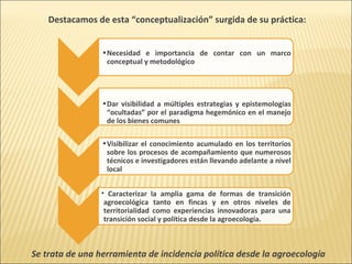 Destacamos de esta “conceptualización” surgida de su práctica:
• Necesidad e importancia de contar con un marco
conceptual y metodológico

• Dar visibilidad a múltiples estrategias y epistemologías
“ocultadas” por el paradigma hegemónico en el manejo
de los bienes comunes
• Visibilizar el conocimiento acumulado en los territorios
sobre los procesos de acompañamiento que numerosos
técnicos e investigadores están llevando adelante a nivel
local
• Caracterizar la amplia gama de formas de transición
agroecológica tanto en fincas y en otros niveles de
territorialidad como experiencias innovadoras para una
transición social y política desde la agroecología.

Se trata de una herramienta de incidencia política desde la agroecología

 