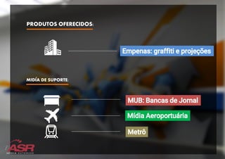 PRODUTOS OFERECIDOS:
Empenas: graffiti e projeções
MUB: Bancas de Jornal
Mídia Aeroportuária
Metrô
MIDIA DE SUPORTE:
 