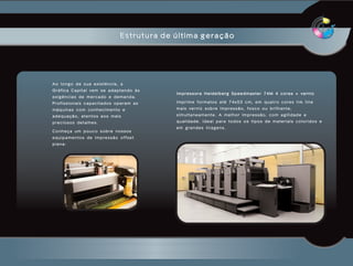 Estrutura de última geração




Ao longo de sua existência, a
Gráfica Capital vem se adaptando às
                                        Impressora Heidelberg Speedmaster 74M 4 cores + verniz
exigências de mercado e demanda.
Profissionais capacitados operam as     Imprime formatos até 74x53 cm, em quatro cores ink line
máquinas com conhecimento e             mais verniz sobre impressão, fosco ou brilhante,
adequação, atentos aos mais             simultaneamente. A melhor impressão, com agilidade e
preciosos detalhes.                     qualidade. Ideal para todos os tipos de materiais coloridos e
                                        em grandes tiragens.
Conheça um pouco sobre nossos
equipamentos de impressão offset
plana:
 