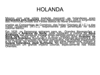 HOLANDA
Mesmo com uma sólida tradição mercantil, os holandeses eram
dominados pela Espanha. Sua independência 1581, com o surgimento
das Províncias Unidas dos Países Baixos do Norte (Holanda).
criadas as Companhias de Comércio, das Índias Orientais (E.I.C.) e das
Indias Ocidentais (W.I.C.), responsáveis pela penetração no bloco
colonial ibérico.
Em 1626, os flamengos entraram para as Grandes Navegações e
atingiram a América do Norte, onde fundaram a colônia de Nova
Amsterdã, que depois de tomada pelos ingleses passou a se denominar
Nova York. Entre 1624 e 1654, a W.I.C. realizou duas invasões no
Nordeste brasileiro, buscando o controle da produção açucareira e, ao
mesmo tempo, incursões na África portuguesa, nas Antilhas espanholas
e no Oriente. Na América do Sul, em sua parte setentrional, criaram a
Guiana holandesa, atual Suriname. No século XVII, os holandeses
controlavam um grande império colonial, especialmente nas Índias
Orientais.
 