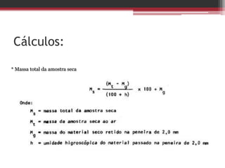 Cálculos:
* Massa total da amostra seca
 