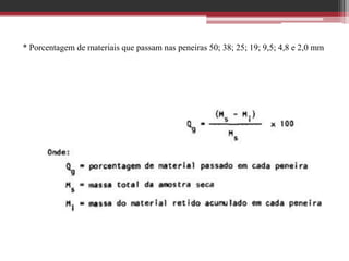 * Porcentagem de materiais que passam nas peneiras 50; 38; 25; 19; 9,5; 4,8 e 2,0 mm
 
