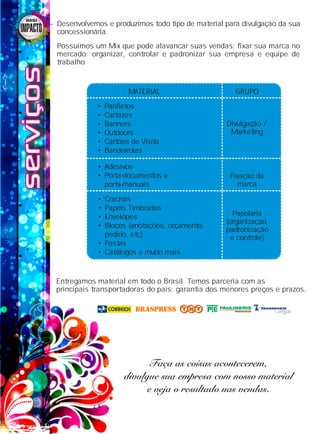 serviçosserviçosserviços Desenvolvemos e produzimos todo tipo de material para divulgação da sua
concessionária.
Possuímos um Mix que pode alavancar suas vendas; fixar sua marca no
mercado; organizar, controlar e padronizar sua empresa e equipe de
trabalho.
MATERIAL GRUPO
• Panfletos
• Cartazes
• Banners
• Outdoors
• Cartões de Visita
• Bandeirolas
Divulgação /
Marketing
• Adesivos
• Porta-documentos e
porta-manuais
Fixação da
marca
• Crachás
• Papéis Timbrados
• Envelopes
• Blocos (anotações, orçamento,
pedido, etc)
• Pastas
• Catálogos e muito mais
Papelaria
(organização,
padronização
e controle)
Faça as coisas acontecerem,Faça as coisas acontecerem,
divulgue sua empresa com nosso materialdivulgue sua empresa com nosso material
e veja o resultado nas vendas.e veja o resultado nas vendas.
Faça as coisas acontecerem,
divulgue sua empresa com nosso material
e veja o resultado nas vendas.
Entregamos material em todo o Brasil. Temos parceria com as
principais transportadoras do país: garantia dos menores preços e prazos.
GRÁFICAGRÁFICAGRÁFICA
 