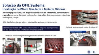 Solução da OFIL Systems:
Localização de PD em Geradores e Motores Elétricos
A descarga parcial (PD) em dispositivos elétricos de alta tensão, como motores
e geradores, causa danos ao isolamento e degrada o desempenho das máquinas
ao longo do tempo.
56% das falhas dos geradores são devidas a danos no isolamento.
Identificar e localizar o PD auxilia os fabricantes de máquinas e componentes
de alta tensão a reparar as falhas e melhorar a qualidade.
Detecção precoce de falhas em geradores usando a câmera da OFIL
Falha de isolamento do motor devido a DP
 