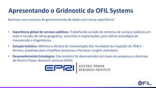 Apresentando o Gridnostic da OFIL Systems
Aprimore seus recursos de gerenciamento de dados com nossa experiência!
• Experiência global de serviços públicos: Trabalhando ao lado de centenas de serviços públicos em
todo o mundo, de várias geografias, tamanhos e implantações, para refinar estratégias de
manutenção e diagnósticos.
• Solução holística: Melhora a eficácia da interpretação dos resultados da inspeção UV, RGB e
térmica, projetada para simplificar processos e fornecer insights acionáveis.
• Desenvolvimento Estratégico: Este produto foi desenvolvido com base em pesquisas e diretrizes
do Electric Power Research Institute (EPRI).
 