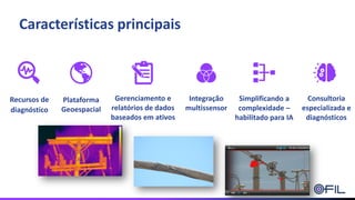 Características principais
Recursos de
diagnóstico
Plataforma
Geoespacial
Gerenciamento e
relatórios de dados
baseados em ativos
Integração
multissensor
Simplificando a
complexidade –
habilitado para IA
Consultoria
especializada e
diagnósticos
 