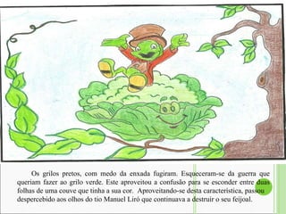 Os grilos pretos, com medo da enxada fugiram. Esqueceram-se da guerra que queriam fazer ao grilo verde. Este aproveitou a confusão para se esconder entre duas folhas de uma couve que tinha a sua cor.  Aproveitando-se desta característica, passou despercebido aos olhos do tio Manuel Liró que continuava a destruir o seu feijoal.  