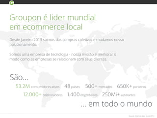 Groupon é lider mundial
em ecommerce local
Desde Janeiro 2013 saimos das compras coletivas e mudamos nosso
posicionamento.
Somos uma empresa de tecnologia - nossa missão é melhorar o
modo como as empresas se relacionam com seus clientes.
Source: Internal data, June 2013
53.2M consumidores ativos 48 países 500+ mercados 650K+ parceiros
… em todo o mundo
São…
12.000+ colaboradores 1.400 engenheiros 250Mi+ assinantes
 