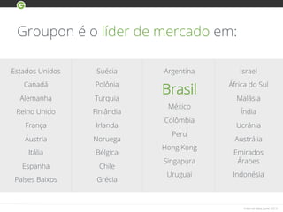 Groupon é o líder de mercado em:
Estados Unidos
Canadá
Alemanha
Reino Unido
França
Áustria
Itália
Espanha
Países Baixos
Suécia
Polônia
Turquia
Finlândia
Irlanda
Noruega
Bélgica
Chile
Grécia
Argentina
Brasil
México
Colômbia
Peru
Hong Kong
Singapura
Uruguai
Israel
África do Sul
Malásia
Índia
Ucrânia
Austrália
Emirados
Árabes
Indonésia
Internal data, June 2013
 