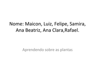 Nome: Maicon, Luiz, Felipe, Samira, Ana Beatriz, Ana Clara,Rafael. Aprendendo sobre as plantas 