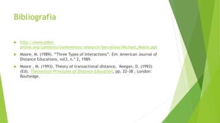 Bibliografia
 http://www.eden-
online.org/contents/conferences/research/barcelona/Michael_Moore.ppt
 Moore, M. (1989). “Three Types of Interactions”. Em: American Journal of
Distance Educations, vol3, n.º 2, 1989.
 Moore , M. (1993). Theory of transactional distance, Keegan, D. (1993)
(Ed). Theoretical Principles of Distance Education, pp. 22-38 , London:
Routledge.
 