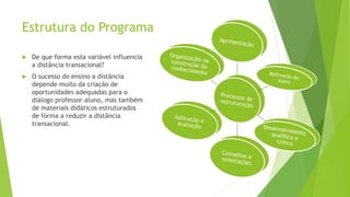 Estrutura do Programa
 De que forma esta variável influencia
a distância transacional?
 O sucesso do ensino a distância
depende muito da criação de
oportunidades adequadas para o
diálogo professor-aluno, mas também
de materiais didáticos estruturados
de forma a reduzir a distância
transacional.
 