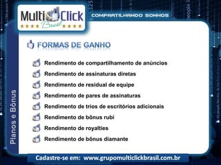 Rendimento de compartilhamento de anúncios
Rendimento de assinaturas diretas
Rendimento de residual de equipe
Rendimento de pares de assinaturas
Rendimento de trios de escritórios adicionais
Rendimento de bônus rubi
Rendimento de royalties
Rendimento de bônus diamante
 