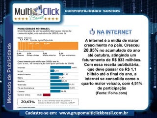 A internet é a mídia de maior
 crescimento no país. Cresceu
 28,85% no acumulado do ano
   até outubro, atingindo um
faturamento de R$ 933 milhões.
 Com essa receita publicitária,
   que deve passar de R$ 1,1
   bilhão até o final do ano, a
 internet se consolida como o
quarto maior veículo, com 4,91%
         de participação
       (Fonte: Folha.com)
 