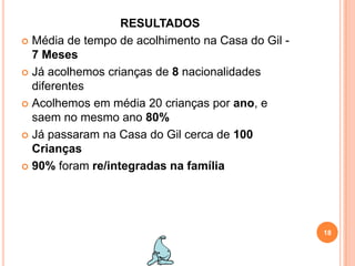 RESULTADOSMédia de tempo de acolhimento na Casa do Gil -    7 MesesJá acolhemos crianças de 8 nacionalidades diferentesAcolhemos em média 20 crianças por ano, e saem no mesmo ano 80%Já passaram na Casa do Gil cerca de 100Crianças90% foram re/integradas na família18