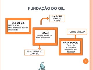 FUNDAÇÃO DO GIL5SAUDE EM FAMILIAA NorteDIA DO GILHora do ContoHora da Música Hora da DescobertaUMADUnidades móveis de apoio ao domicilioFUTURO EM CASACASA DO GILCentro de Acolhimento Temporário Pós-HospitalarFISIOTERAPIA AO DOMICILIO