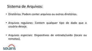 Sistema de Arquivos:
• Diretórios: Podem conter arquivos ou outros diretórios.
• Arquivos regulares: Contem qualquer tipo de dado que o
usuário deseje.
• Arquivos especiais: Dispositivos de entrada/saída (locais ou
remotos).

 