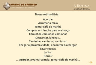 Caminho de Santiago


                   Nossa rotina diária:
                           Acordar
                       Arrumar a mala
                    Tomar café da manhã
             Comprar um lanche para o almoço
                Caminhar, caminhar, caminhar
                     Descansar, lanchar...
               Caminhar, caminhar, caminhar.
        Chegar à próxima cidade, encontrar o albergue
                        Lavar roupas
                            Jantar
                           Dormir
    ... Acordar, arrumar a mala, tomar café da manhã...
 