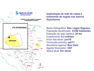 Implantação da rede de coleta e
tratamento de esgoto nos bairros
Espinheiros


Bacia Hidrográfica: Sist. Lagoa Saguaçú
População beneficiada: 8.058 habitantes
Extensão da rede coletora: 28 km
Investimento: 8,3 milhões
Início das obras: jun/10
Conclusão prevista: set/11
Secretaria regional: Boa Vista
Agente financiador: CEF
Status atual: Em obras
 