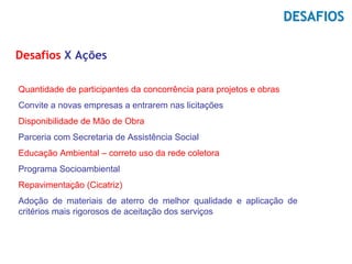 DESAFIOS

Desafios X Ações

Quantidade de participantes da concorrência para projetos e obras
Convite a novas empresas a entrarem nas licitações
Disponibilidade de Mão de Obra
Parceria com Secretaria de Assistência Social
Educação Ambiental – correto uso da rede coletora
Programa Socioambiental
Repavimentação (Cicatriz)
Adoção de materiais de aterro de melhor qualidade e aplicação de
critérios mais rigorosos de aceitação dos serviços
 